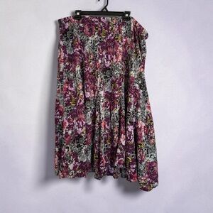 Purple Gray Floral Pleated Midi Skirt | Flowy A-Line Skirt